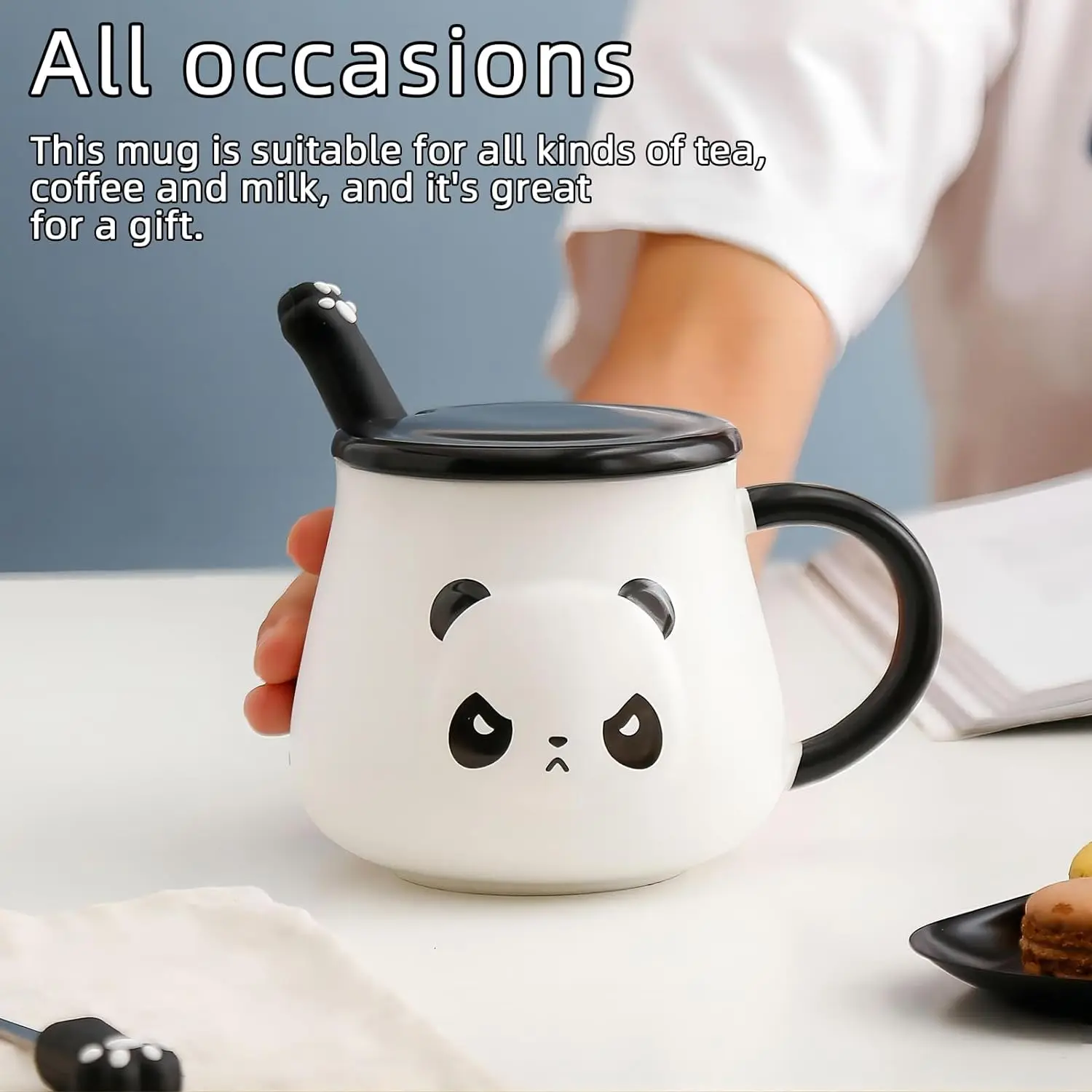 Funny Panda Mug,Panda Coffe Mugs with Lid & Spoon,Cute Panda Ceramic Coffee Mug,Kawaii Panda Cup Gifts for Girls Women Men Kids