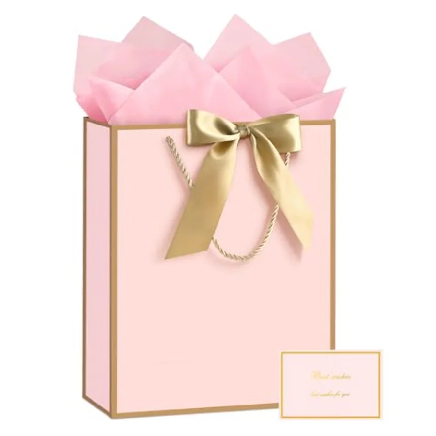 

Pink Gift Bags with Handles, Gift Bags with Tissue Paper, 1PCS Gift Bags with Ribbon and 1 Cards 2 Tissue Paper, for Valentines