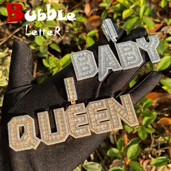 Bubble Letter Iced Out Personalized Pendant Baguette Custom Name Necklace for Women Blue Stones Hip Hop Jewelry
