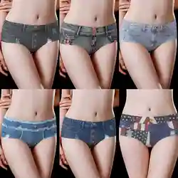 Cotton Fake Denim Print Panties Seamless Ice Silk Underwear Briefs Plus Size Sexy Lingerie Women