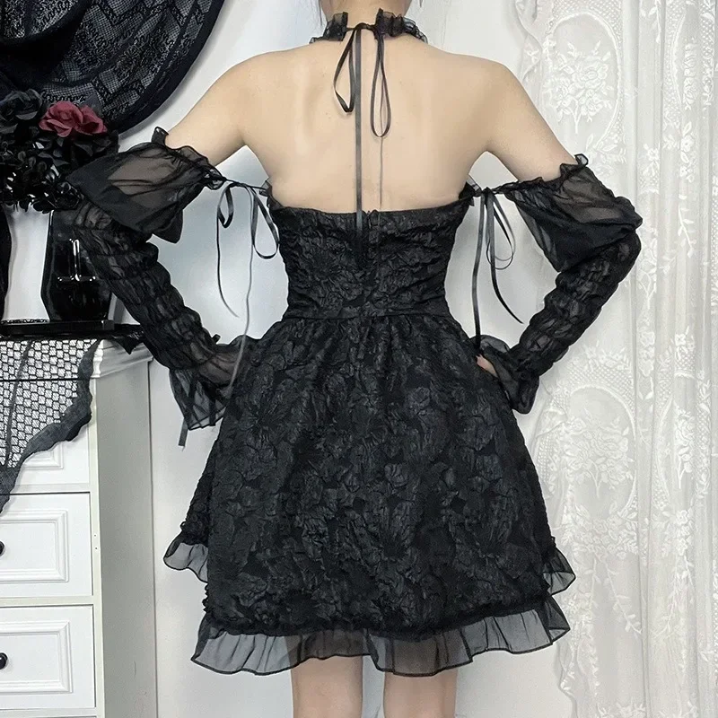 Goth Dark Mall Gothic Emo Jacquard A-line Dresses Elegant Grunge Ruched Bandage Partywear Punk Black Women Halloween Club Dress