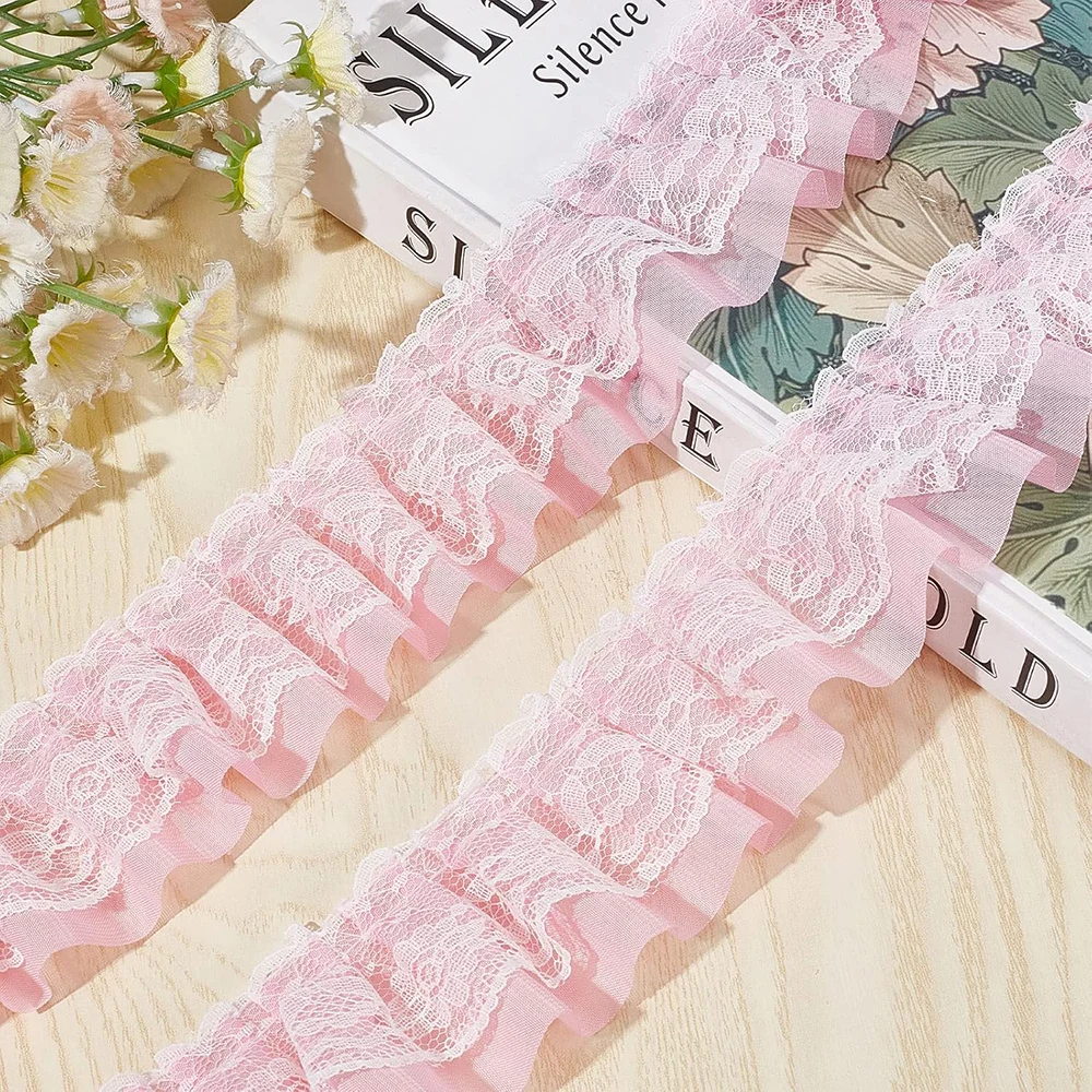 2 Yards Spitzenstoff Schwarz Weiß Rosa Falten Welle Stickerei Trim DIY Hochzeitskleid Party Dekoration Aufnäher Applikation Handwerk – Detail 8
