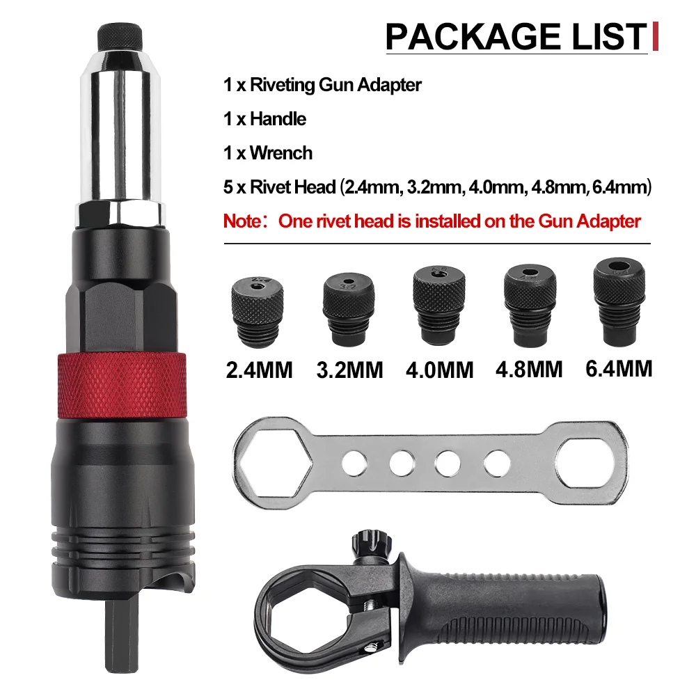 2,4 MM / 3,2 MM / 4,0 MM / 4,8 MM / 6,4 MM Elektrisch klinknagelmoergereedschap Adapter Insteekmoer Klinkgereedschap Thuis Draadloze klinkmoerpistooladapter met sleutel en handvat