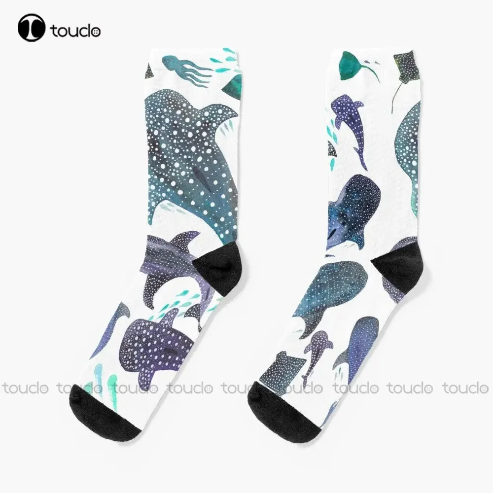 Whale Shark Ray & Sea Creature Play Print Ocean Sea Calcetines Calcetines de fútbol para mujer Calcetines para monopatín callejero Regalo personalizado Unisex Adulto