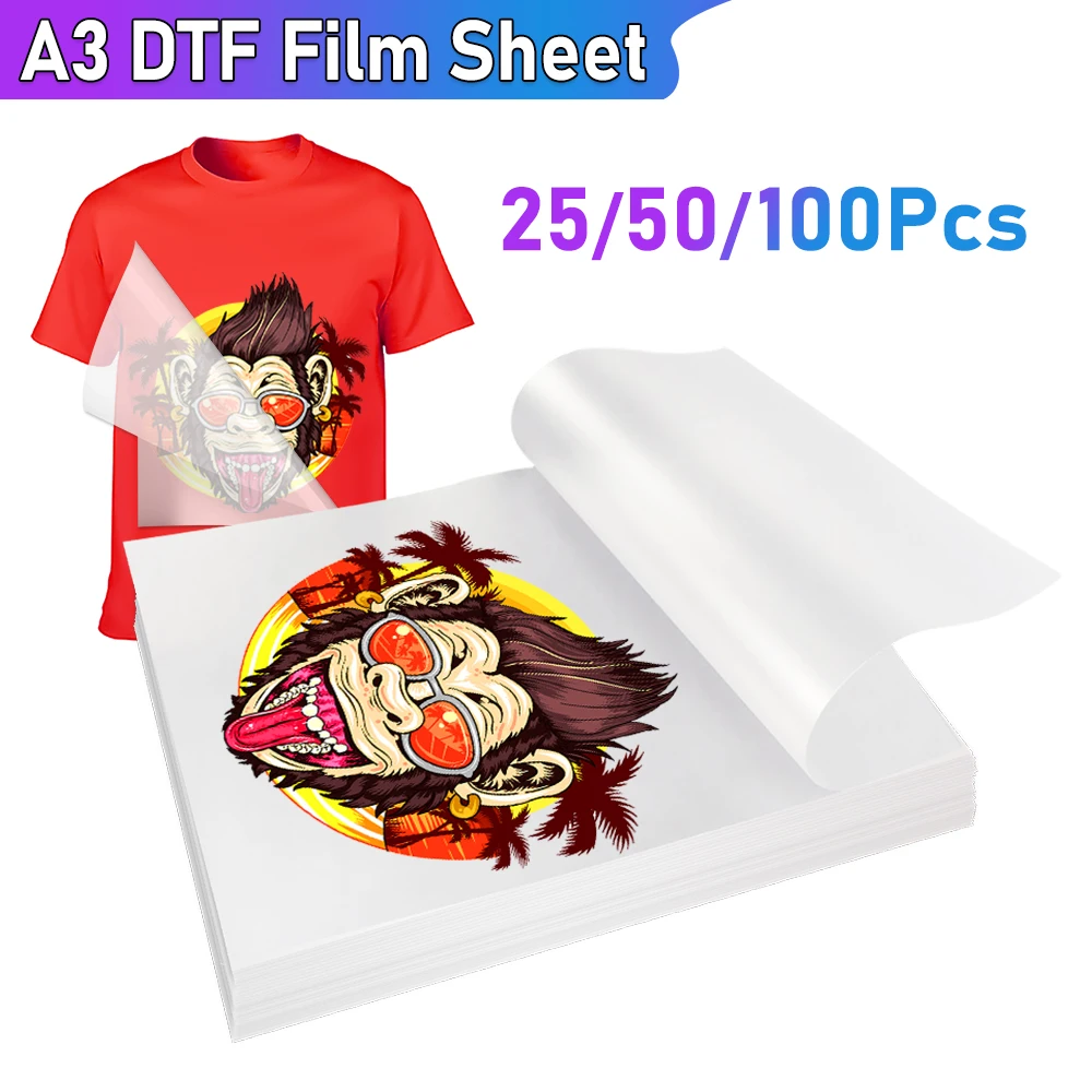 A3 100 Pcs DTF Transfer Film PET Heat Transfer Paper Matte Double-Side Clear Pretreat Sheets for DYI Direct on T-Shirts Bags DTF