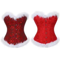 Red Velvet White Feather Overbust Corset for Women Sexy Christmas Corset Jacquard Steel Buckle Bustier Body Shaper Santa Costume