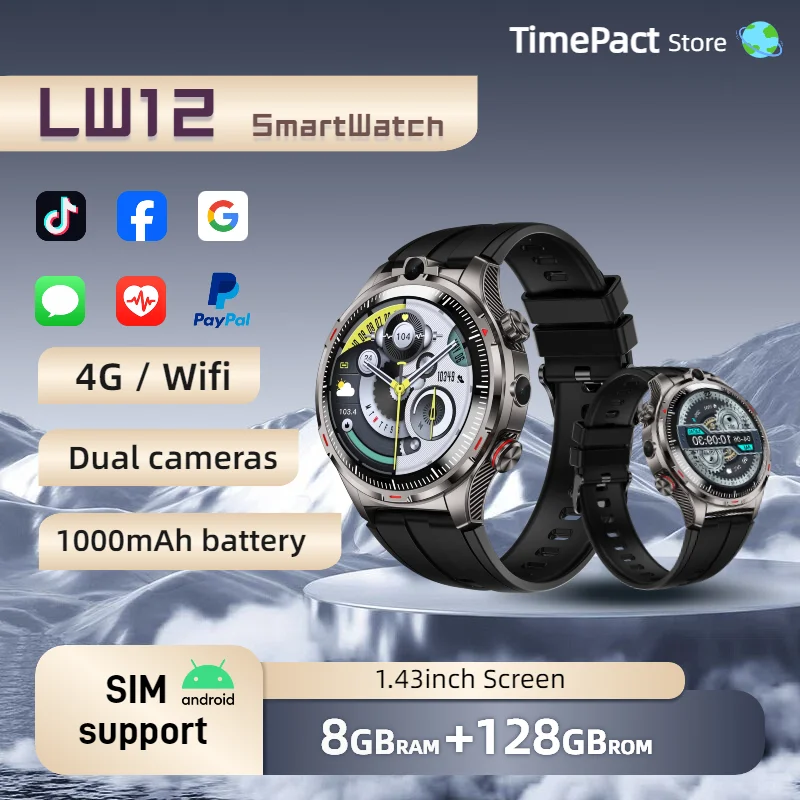 

LW12 Android Smartwatch with Dual Cameras Vivid AMOLED Screen 4G NET GPS 128GB Storage and Support SIM Card