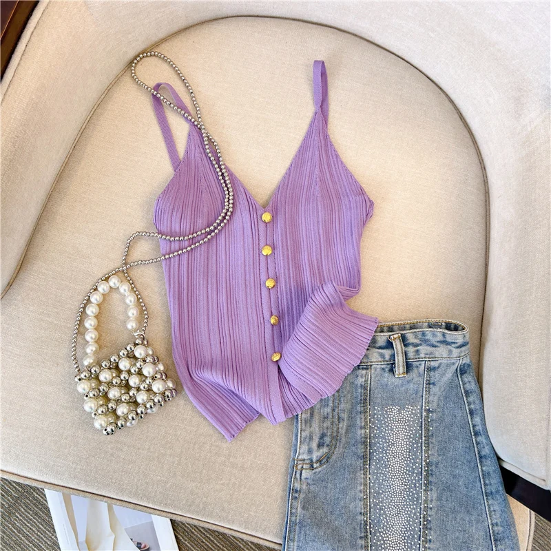 

Elegant Knitted Camisole Vest Women's Summer New Design Sweet And Spicy Fairy Tale Inner Wear Korean Style Short Sleeve