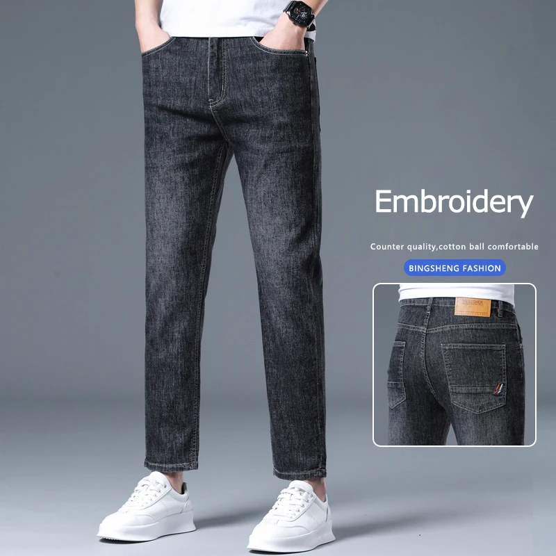 

Spring Thin Slim Jeans Men's Clothing Straight Ankle Length Casual Trousers Brand Breathable Business Male Denim Pants