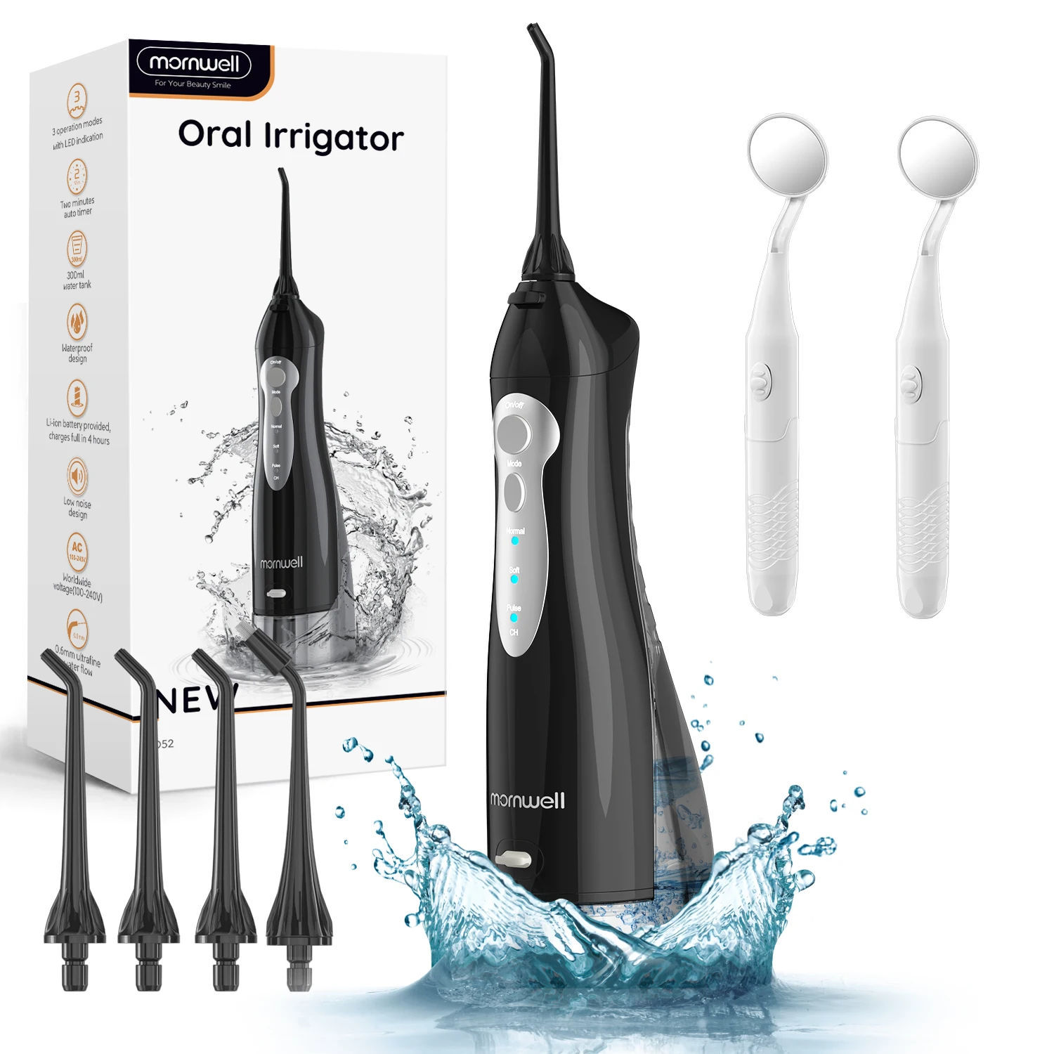 물 Flosser 치아 클리너, 가정용 300ML 탱크 USB 충전식 여행 구강 세정기, IPX7 방수 3 모드 및 치과 MirrorX2