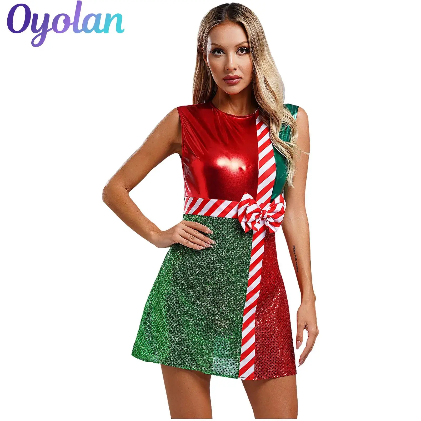 

Womens Metallic Shiny Sequins Christmas Xmas Cosplay Costume Dress with Safe Briefs Bowknot Mrs Santa New Year Party Tutu Dress