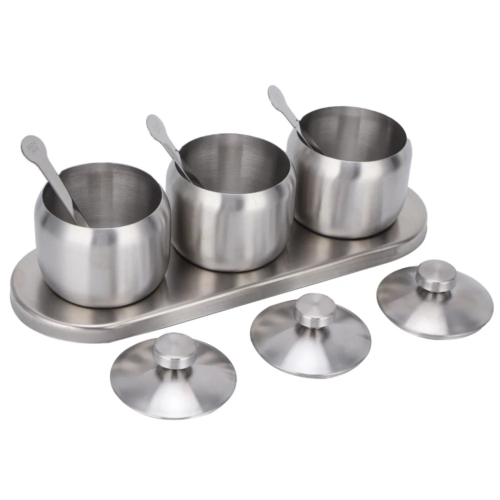 304 Stainless Steel Seasoning Pot Set 300ml With Serving Spoons Condiment Cruet Bottle With Lid With Non-slip Base