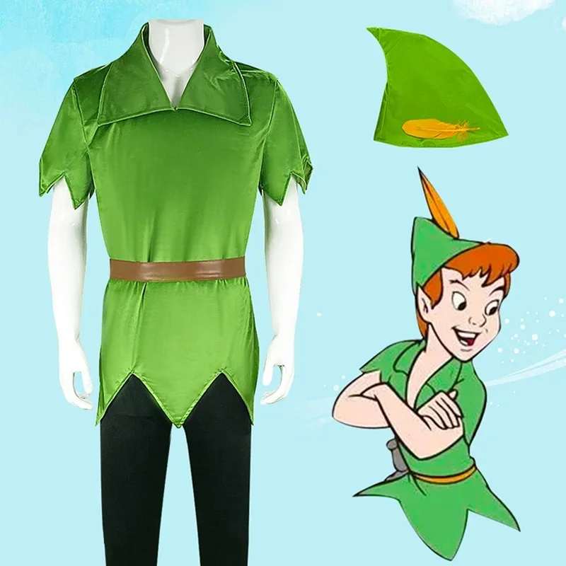 Peter Pan Green Top and Pants with Hat Cosplay Costume Halloween Masquerade Carnival Party Outfits for Adult Kids