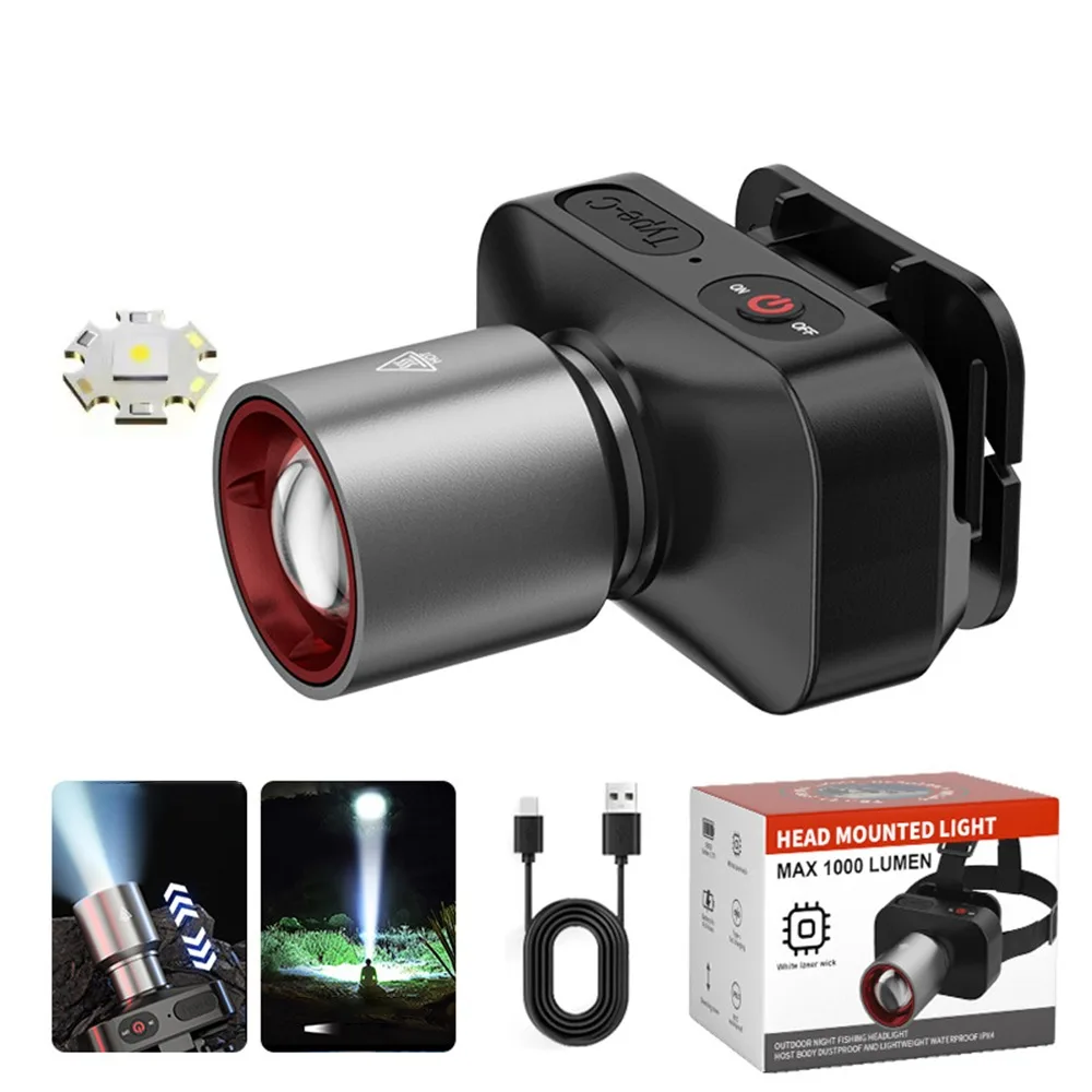 

New 1000LM Zoomable LED Headlamp Dimming USB Rechargeable Head Light 3 Light Modes Super Bright Night Fishing Headlight Outdoors