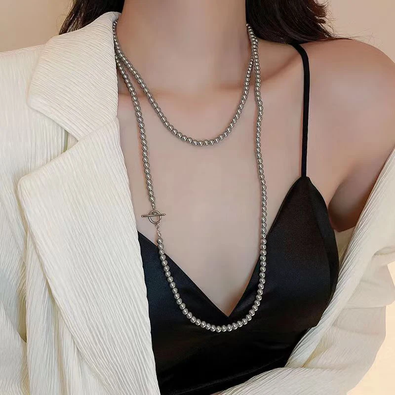 Grey Glass Pearls Can Be Stacked With Long Women's Sweater Chains For Autumn And Winter Chains Necklaces 1PC