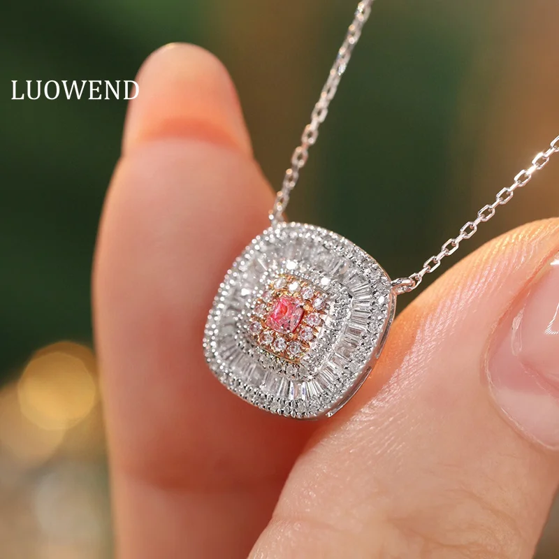 

LUOWEND 18K White Gold Necklace Shiny Square Design Real Natural Pink Diamond Pendant Necklace for Women High Party Jewelry