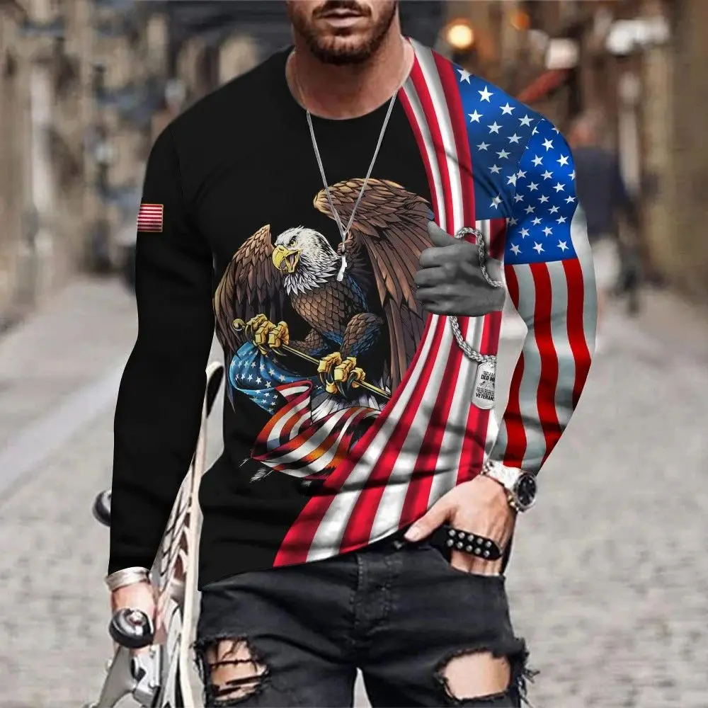 

Men Spring Autumn American Flag Eagle Print T-Shirt Fashion Personality Interesting Large Size Round Neck Long Sleeve Loose Top