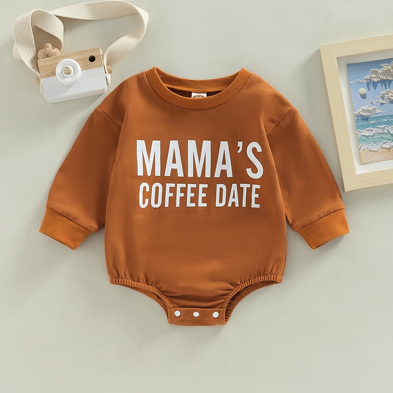 2022-10-13 Lioraitiin 0-12M Infant Baby Boy Girl Bodysuit Letter MAMA\'s Coffee Date Print Long Sleeve Sweatshirt Jumpsuit