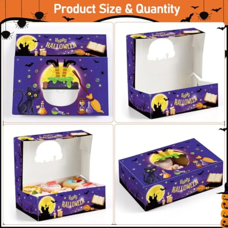 36 Pcs Halloween  Boxes with Window 8.7 x 5.5 x 2.8 Inch Halloween Treat Boxes Bulk Cupcake Candy Dert Containers for Bakery Pa