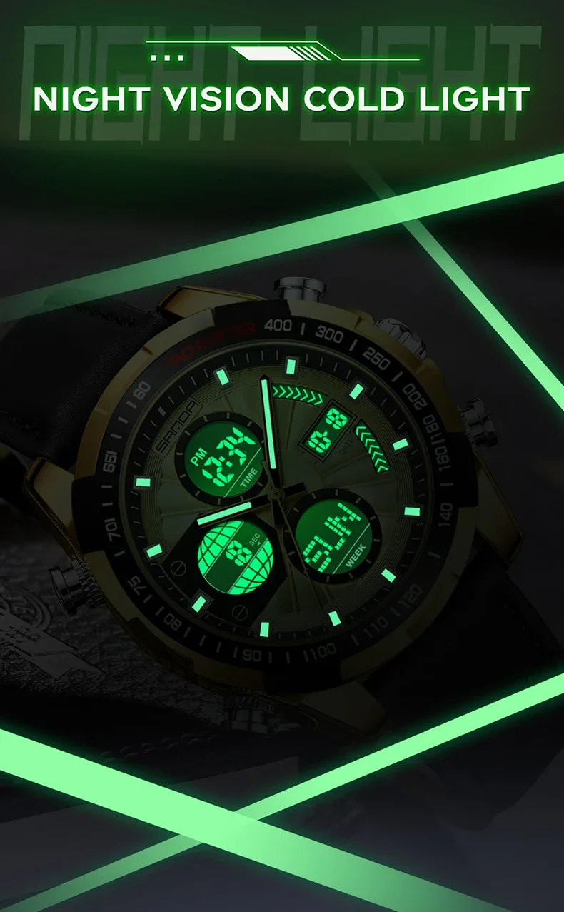 SANDA Men's Quartz Electronic Watch Dual Display Sports Multi functional Waterproof LED Night Light Men's Electronic Watch 5105(