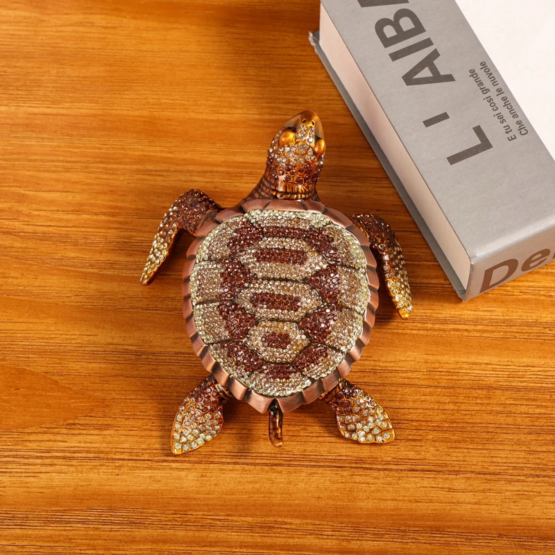 SHINNYGIFTS Hand Painted Enameled Turtle Trinket Box with Crystal Unique Decorative Hinged Jewelry Box Ring Holder