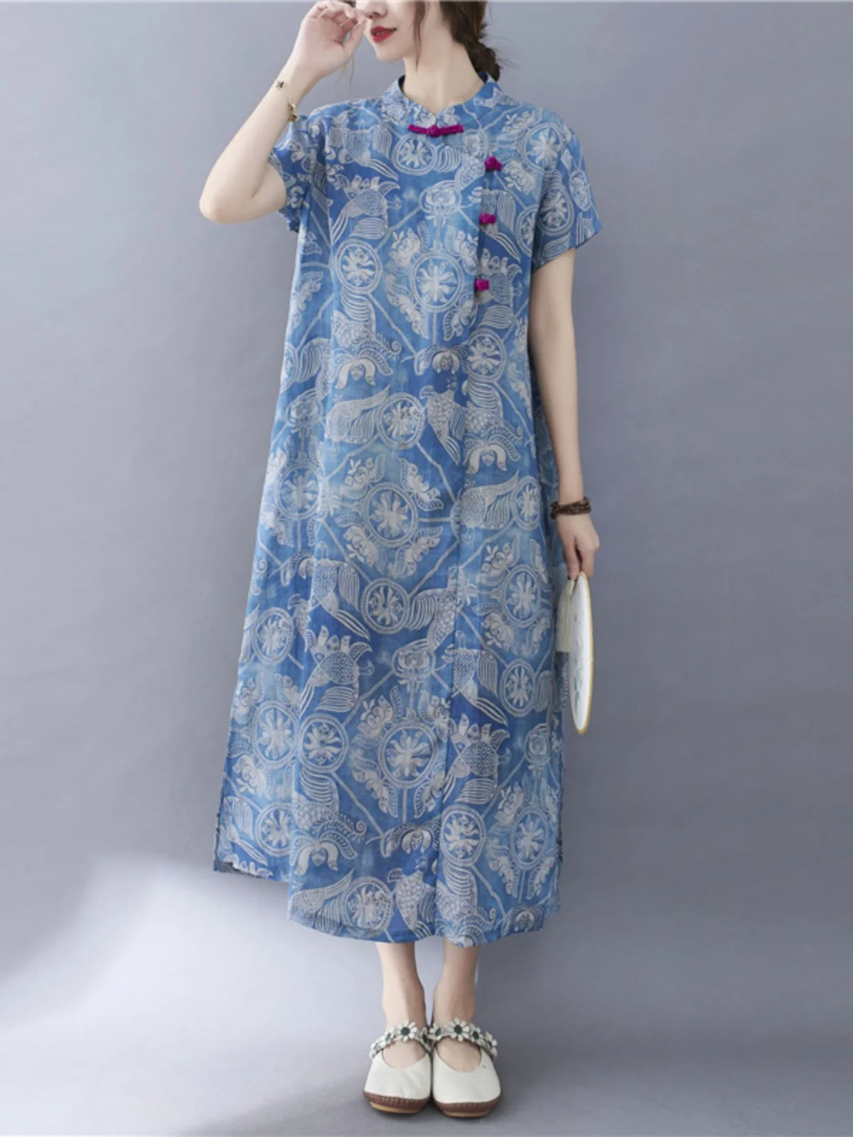 

Утягивающая юбка ort Sve Qipao Dr, большие размеры, женская длинная юбка с воротником-стойкой и пуговицами, смесь хлопка и полиэстера