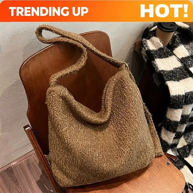 Women Woolen Tote Bag Plush Hobo Bag Large Capacity Soft Texture Handbag Commuter Zipper Shoulder Bag With Adjust Shoulder Strap