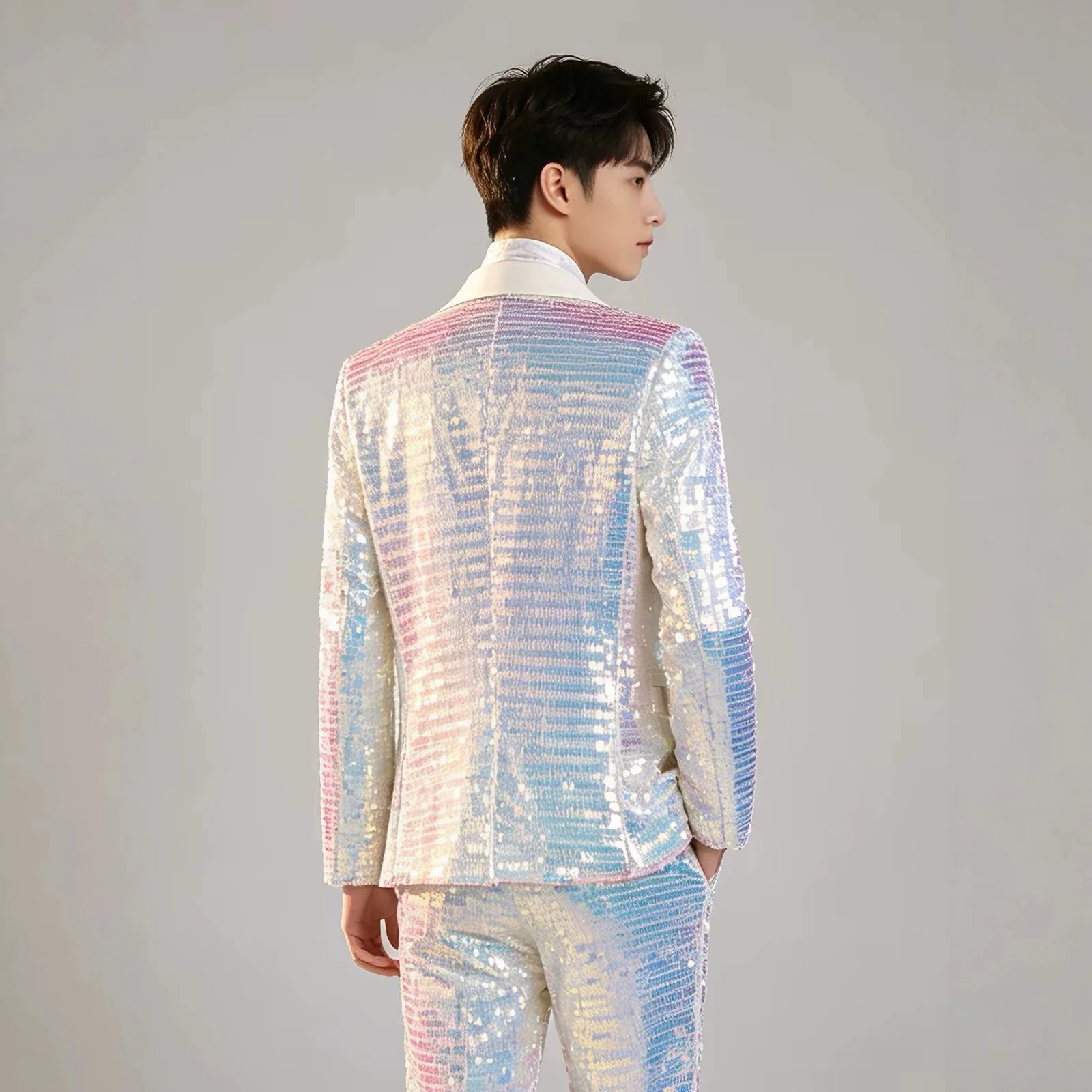 Luxury Men's Two-piece Suit Set Featuring A Long-sleeved Jacket with Blue and White Sequin Embellishments and Matching Pants.