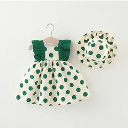 2-Piece Summer Baby Girl Cotton Dress And Hat With Hollowed Out Lace Polka Dot Sleeveless Korean Version Baby Dress