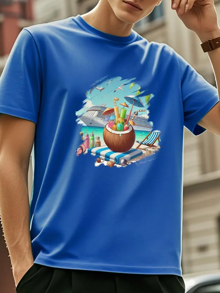 Mens Dark Gray Soft Cotton Tee Tropical Coconut Cruise Beach Vacation Graphic Crew Neck Short Sleeve Summer Male Loose Top