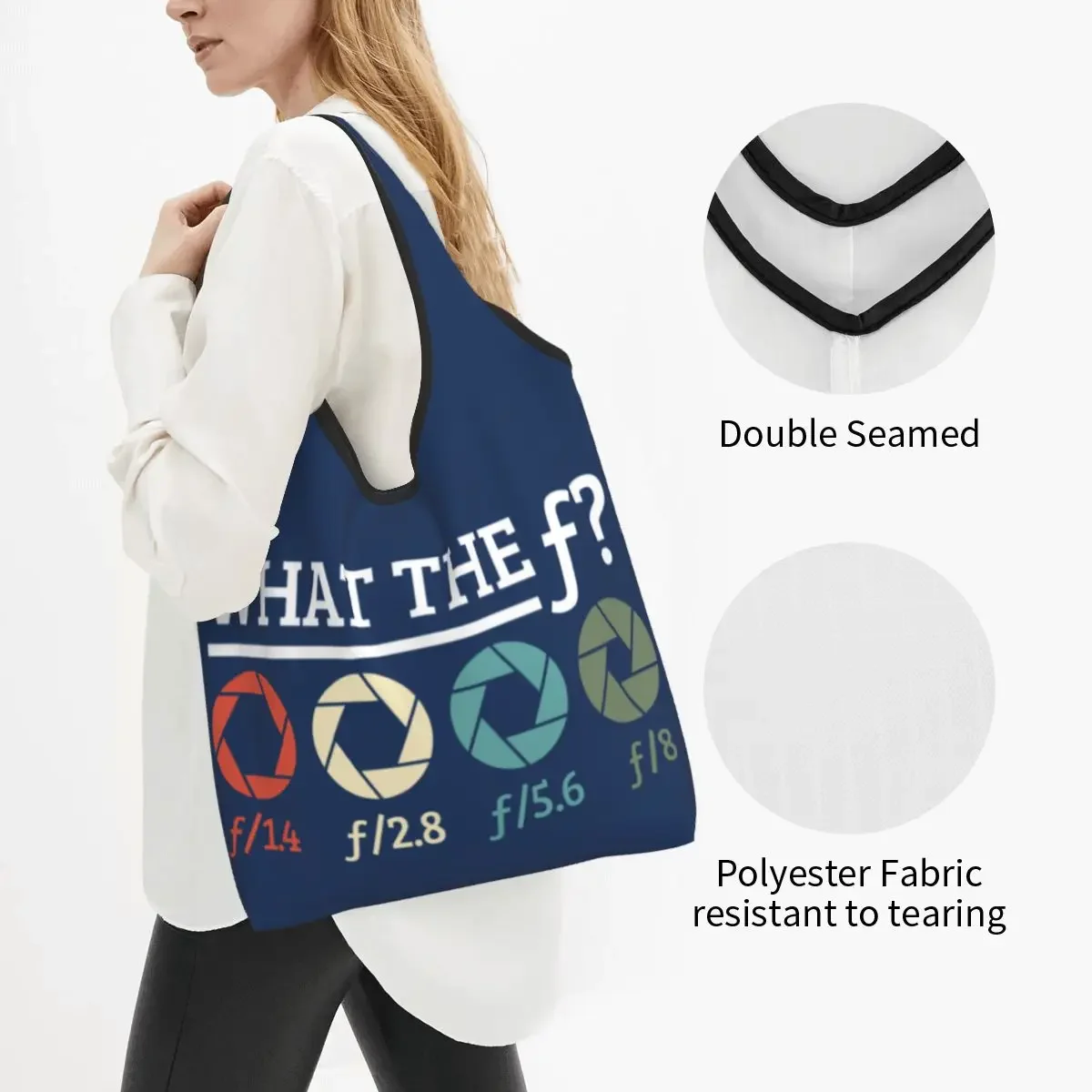 Custom Photographer What The F Groceries Tote Shopping Bag Cute Camera Aperture Photography Shopper Shoulder Bags Large Handbag