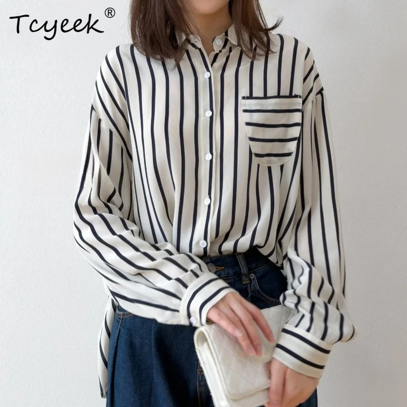 Tcyeek 100% Real Silk Women Shirt 2026 Spring Summer BF Style Loose Vertical Stripe Long-sleeved Tops Lady Clothes Chemise Femme