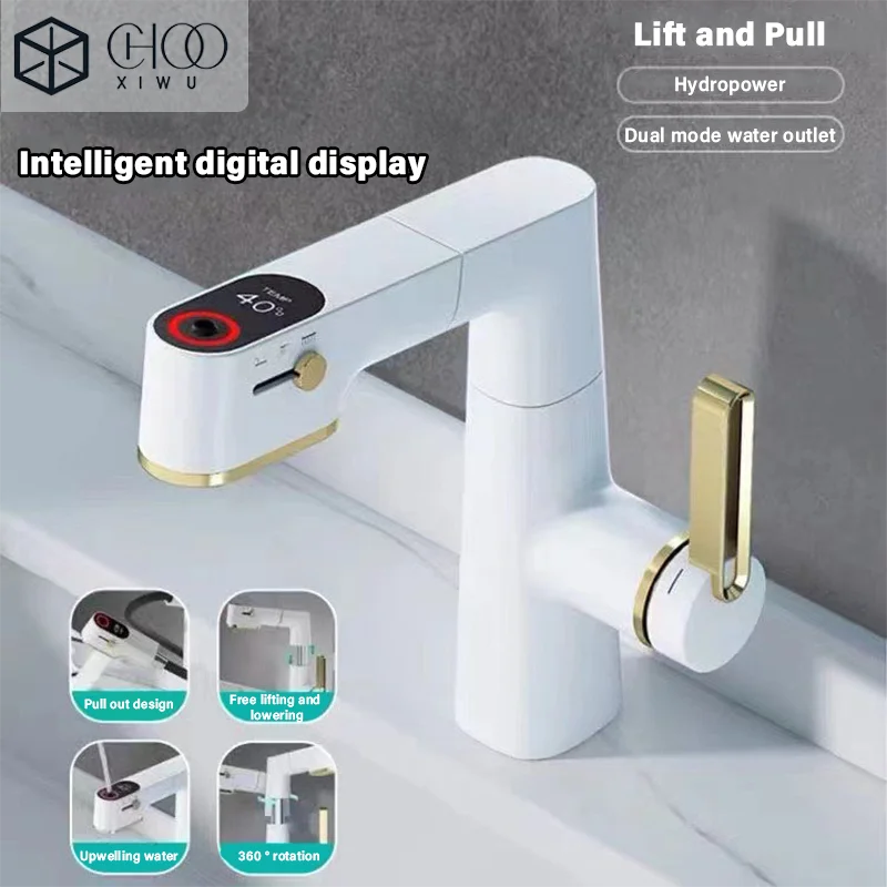 

Purified Bathroom Faucets Pull Out Water Filter Tap Basin Mixer Sink Faucet Gourmet LED Temperature Tap Brass Tapware Crane