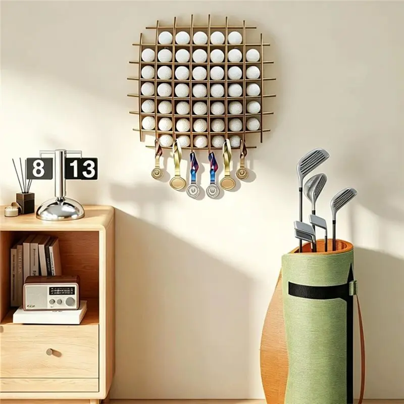AEE4-Premium Wooden Golf Ball Display Case - Wall-Mounted Rack For 52 Golf Balls, Perfect For Home Decor, Golf