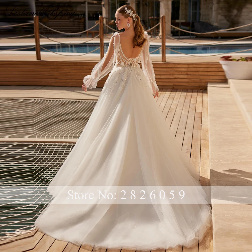 Lceland Poppy Sexy A Line Beaded Wedding Dresses See Through Full Sleeves Bridal Gowns with Court Train