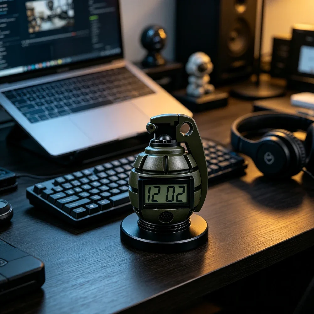 Grenade-Shaped Novelty Alarm Clock with Pull-Pin Shutoff,Loud Drill Sergeant Voice, Flashing LED Light & Vibration,5 Alarm Modes