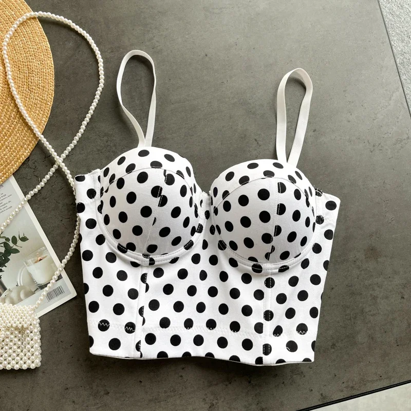 

Women Polka Dot Print Bustier Bra Vintage Adjustable Strap Push Up Corset Top Hot Streetwear Sexy Club Party Camisole Tops