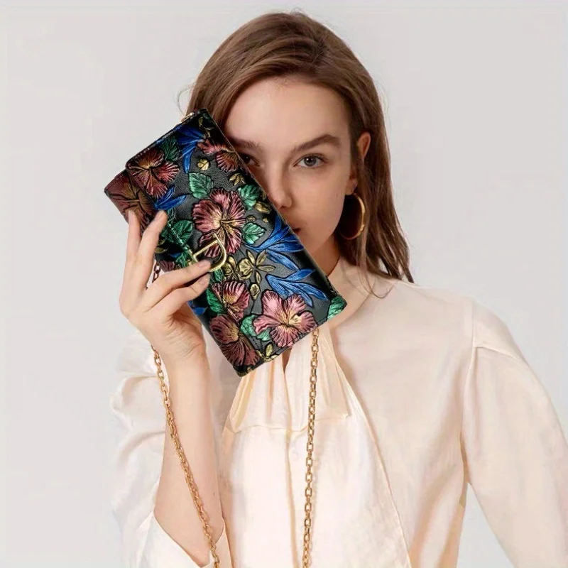 Convertible Genuine Leather Clutch Crossbody Bag for Women, Dragonfly Floral Embossed Single‑Shoulder Purse with Removable Chain Shoulder Strap