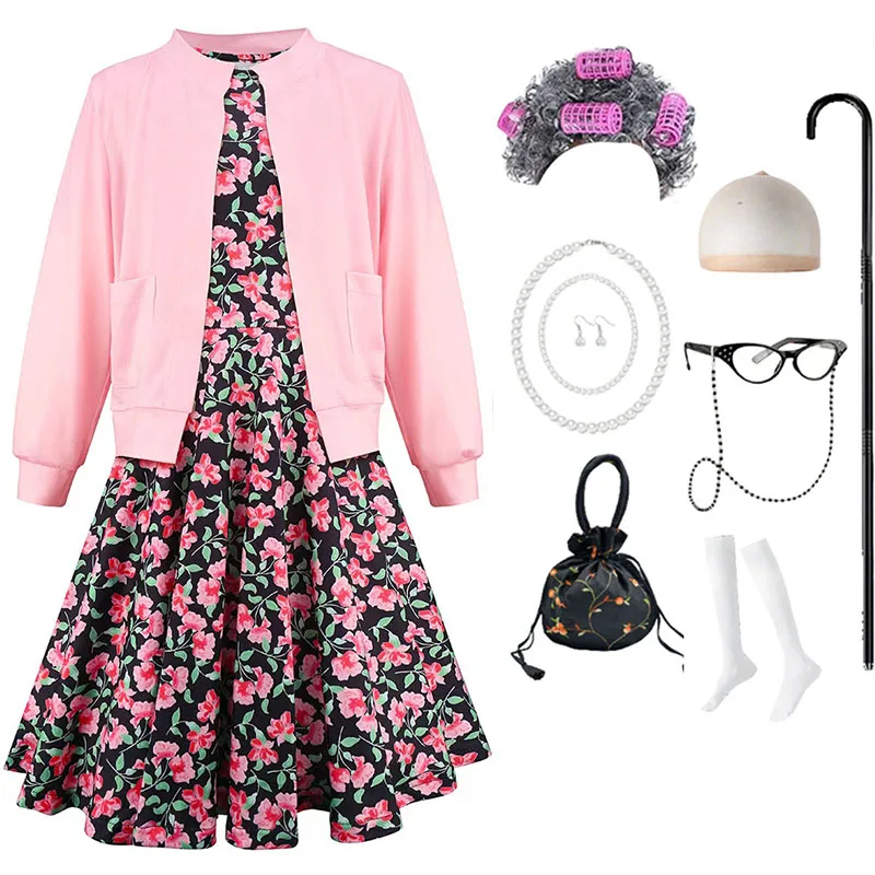 الأطفال سيدة عجوز لعب الأدوار زي الفتيات 100 يوم من المدرسة فستان الجدة رمادي شعر مستعار الجدة نظارات عيد ميلاد تأثيري حلي