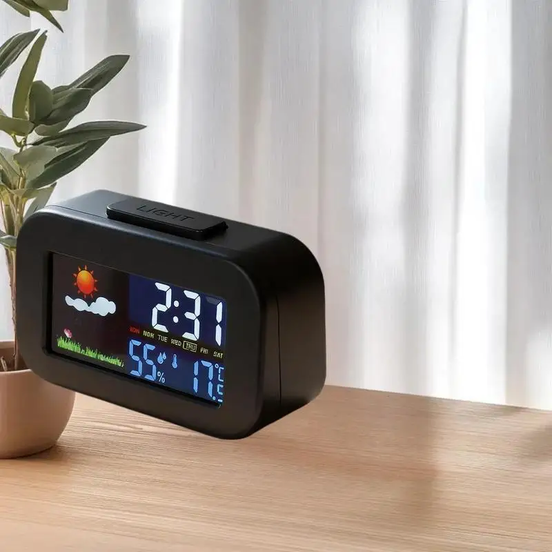 Intelligent Weather Station Clock With Color Display - Temp & Humidity Monitor Backlit For Kids & Teens Bedroom/Dorm Desk