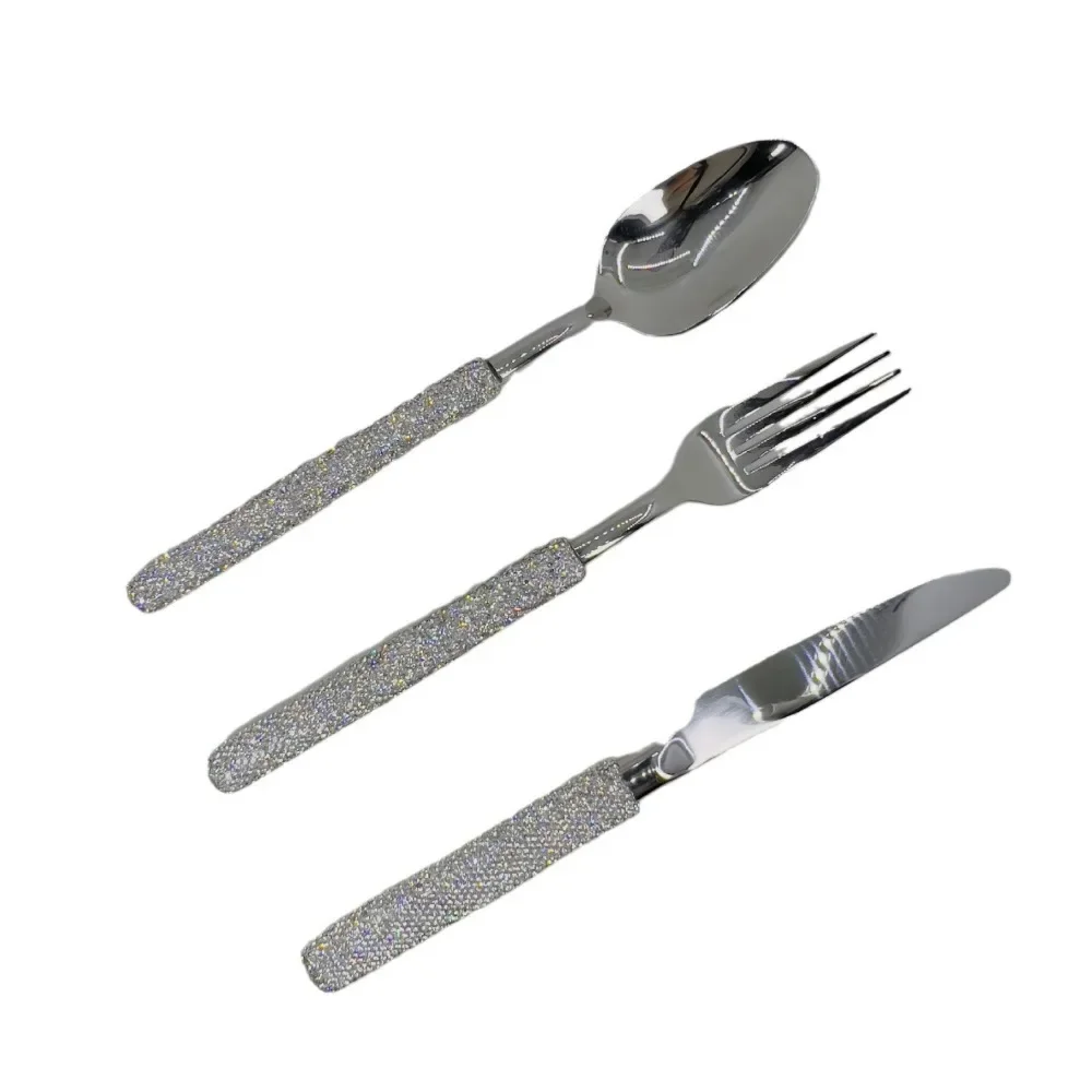 Stainless Steel Western Tableware Set, Classic Dinner Set, Knife, Fork, Spoon Manual Mosaic 3 Pieces Rhinestones, Dinnerware,