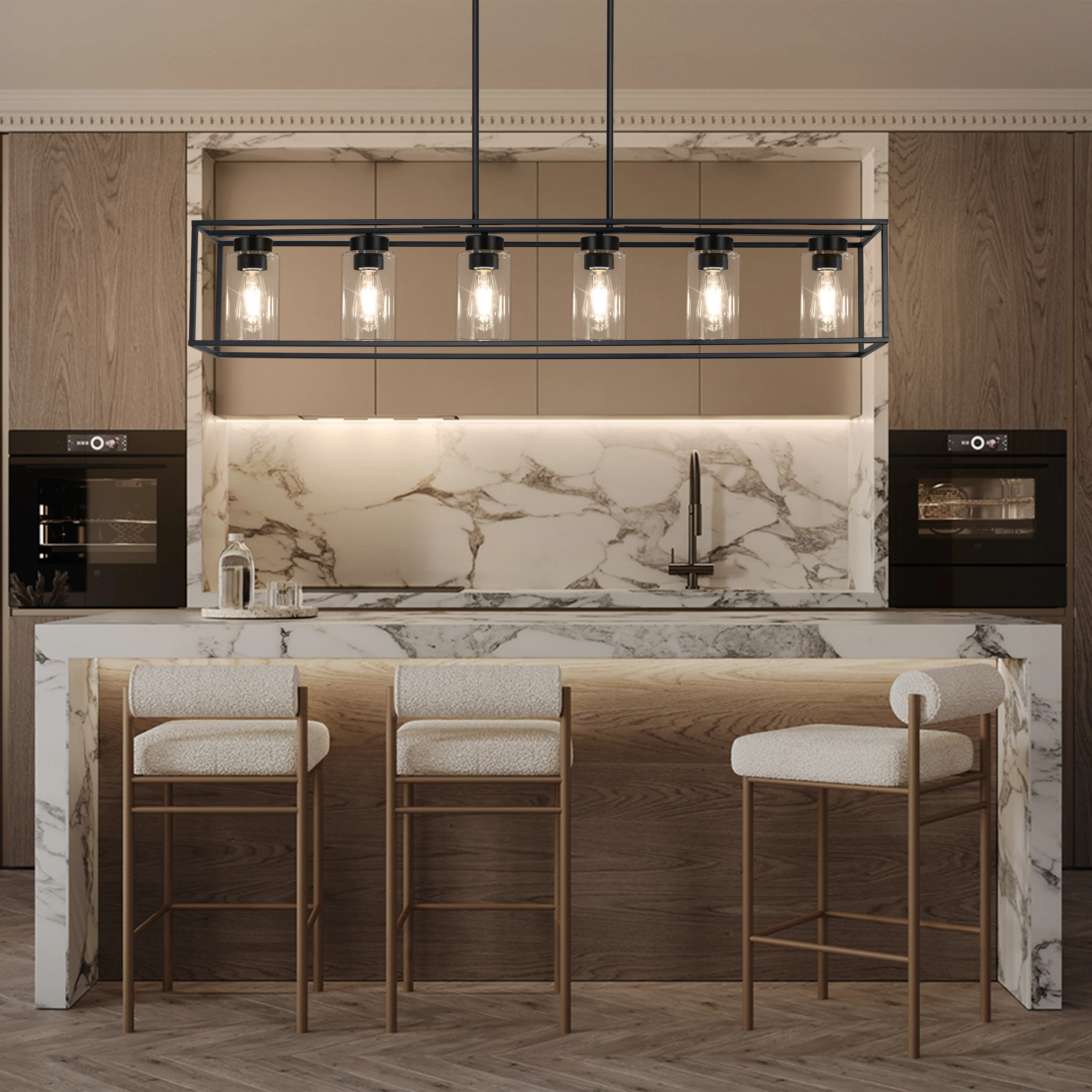 6-Lights Dining Room Lighting Fixtures Hanging, Kitchen Island Pendant Lights Contemporary Modern Ceiling Light with Glass Shade