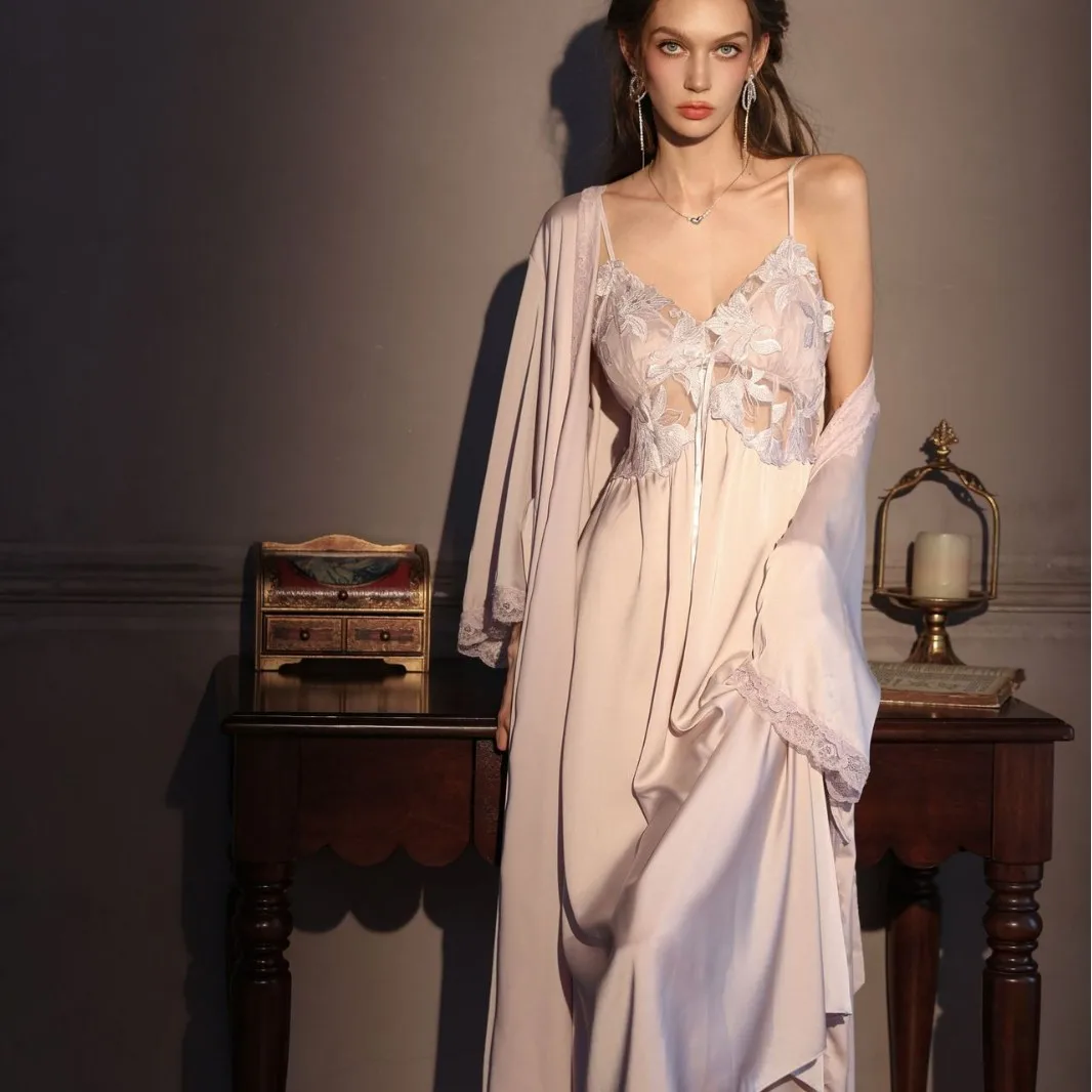 Elegant Female Long Robe Set Nightgown Silky Ice Silk Sleepwear Homewear SEXY Hollow Out Lace Nightdress Lingerie Loungewear