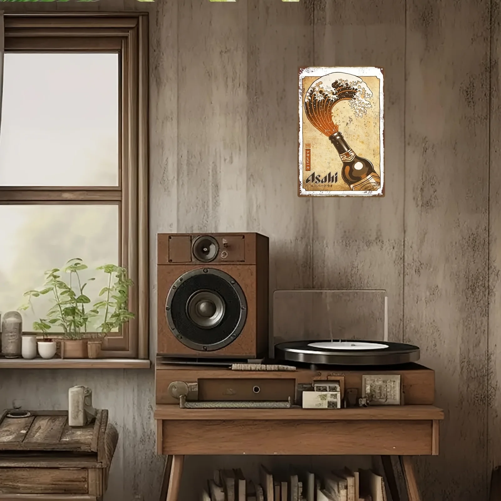 2D Flat, 1pc Vintage Metal Sign | Iron Art Hanging Picture with Waves and Japanese Asahi Beer Bottle | 20*30cm/8*12inch | Suitab