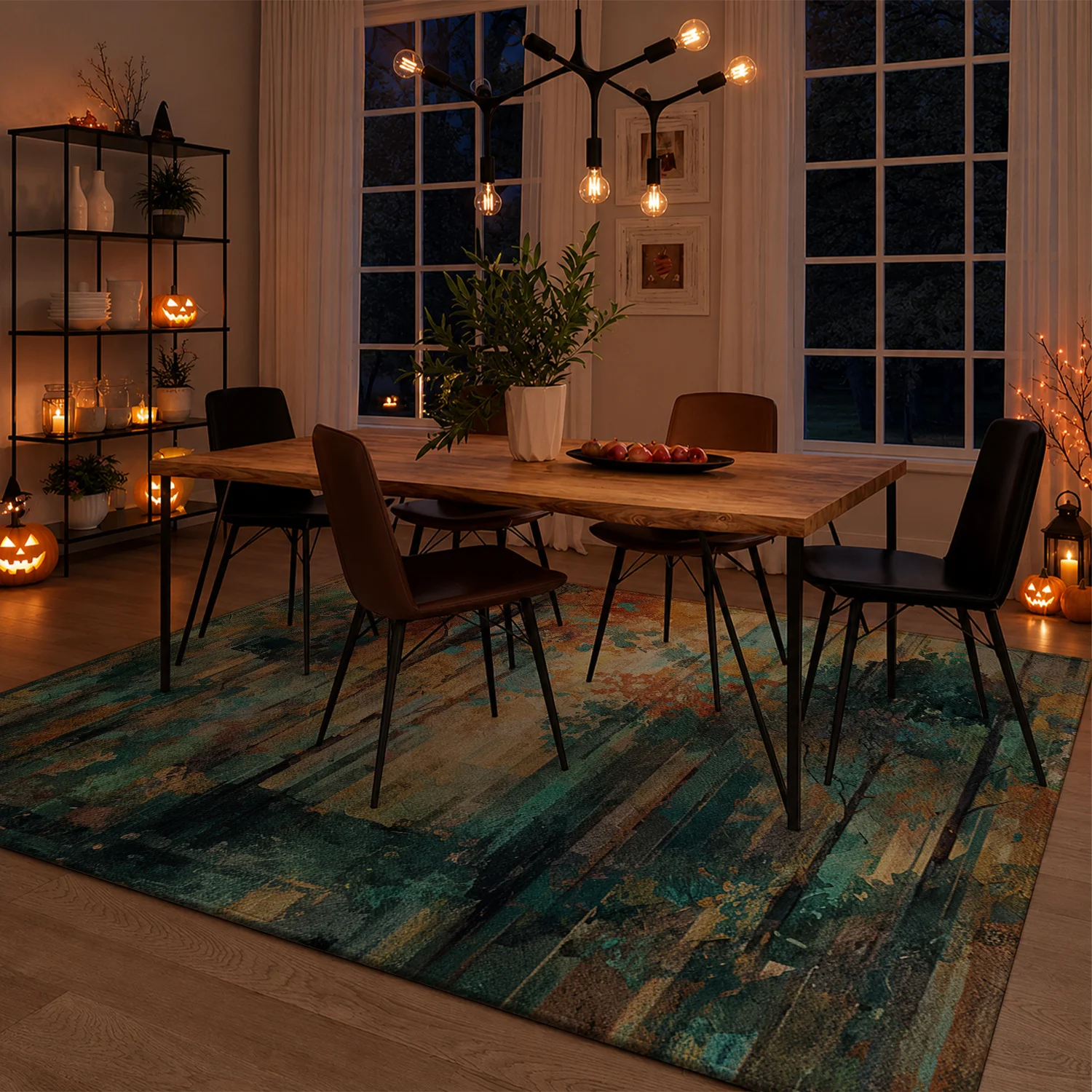 Large Indoor Area Rug, Soft Velvet Low Pile Rug with Non-Slip Dotted Backing, Machine Washable Abstract Teal Amber Forest Pattern, Ideal for Living Room Bedroom Home Decor