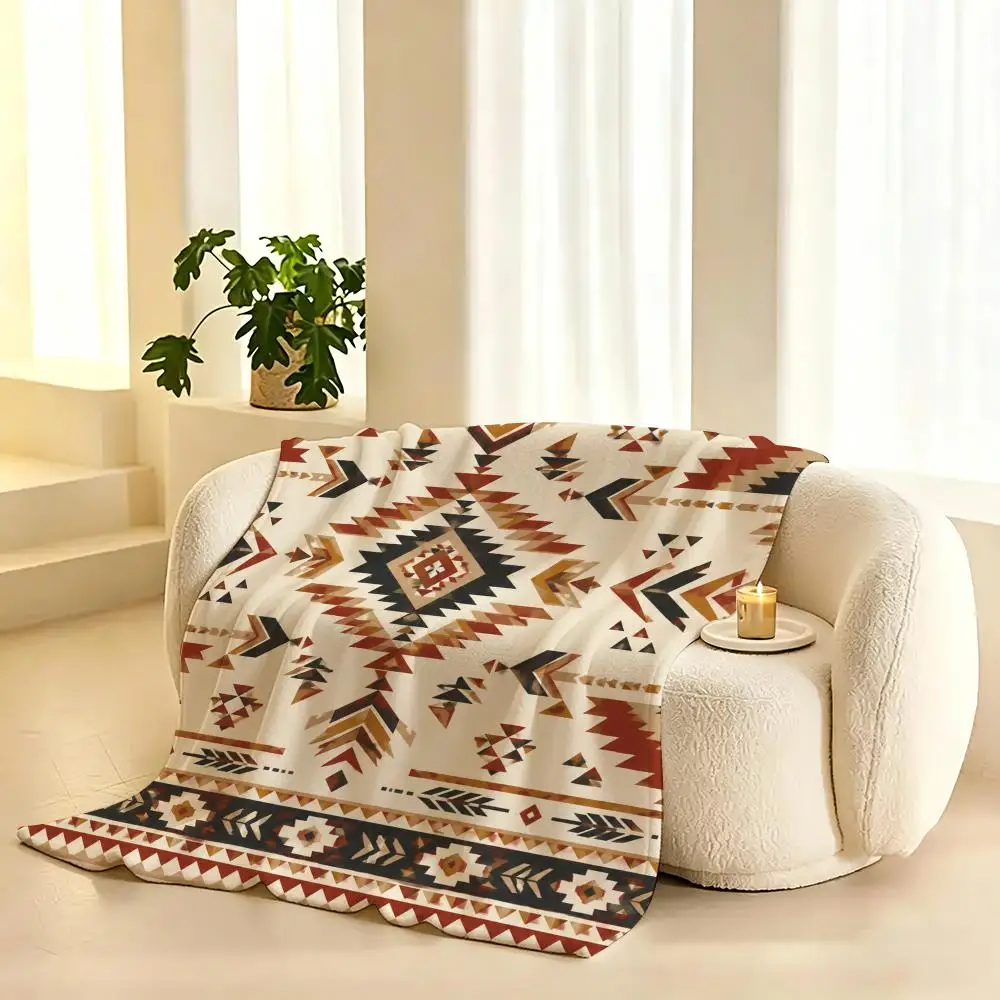 Southwest Boho Tribal Decor Throw 240g Lightweight Flannel Blanket, Soft Skin Throw Blanket for Sofa Bedroom
