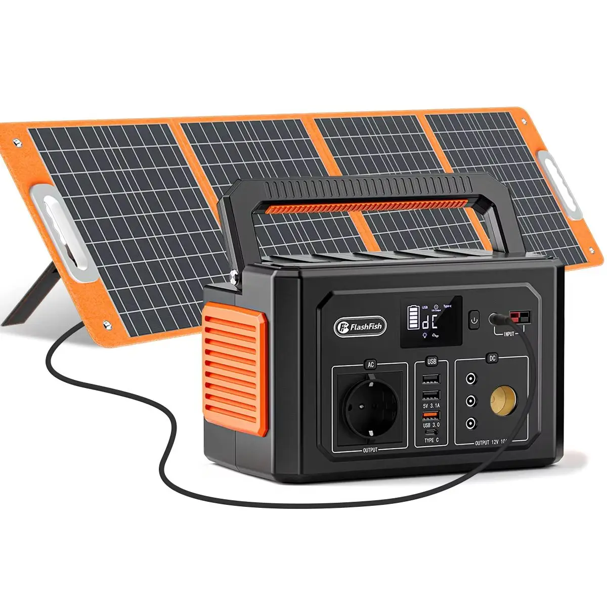 FF FlashFish K53 Tragbare Powerstation mit 100W Solarpanel, 400W reinem Sinus-Wechselrichter (800W Spitzenleistung), 400Wh Batterie, Solargenerator, 230V AC-Steckdose für Outdoor-Camping und