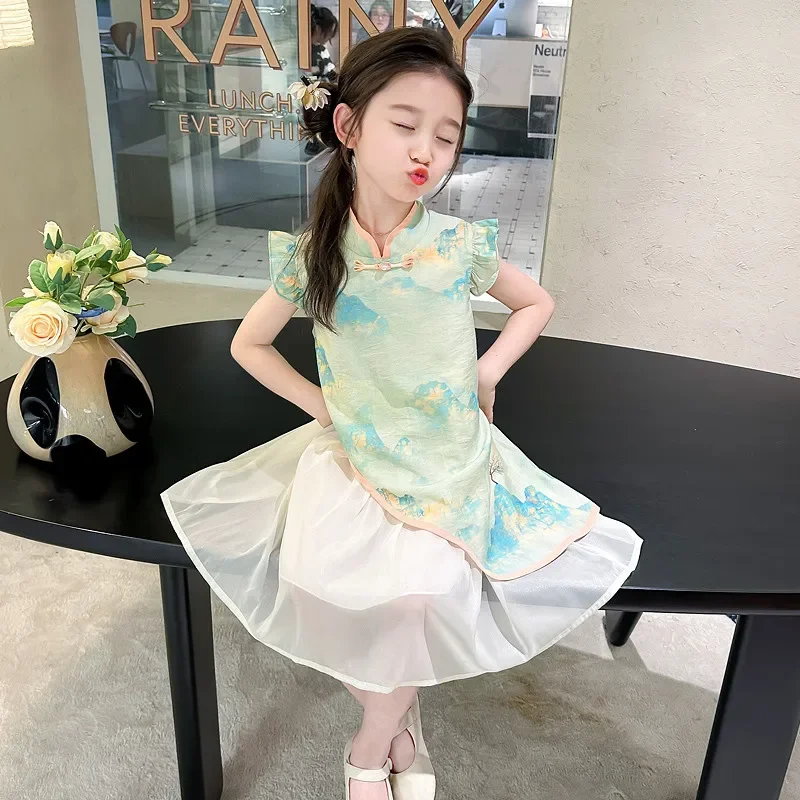 

2026 Summer Girls' Cheongsam Dress Trendy Internet Celebrity Children's National Style Fashion Korean Elementary School Uniform