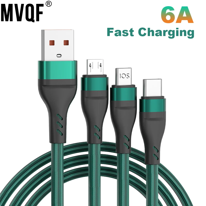 MVQF 3n1 USB Charger Cable Nylon Braided 6A Fast Charging Cord Universal Multiple Ports Charging Cable for Iphone USB C Micro