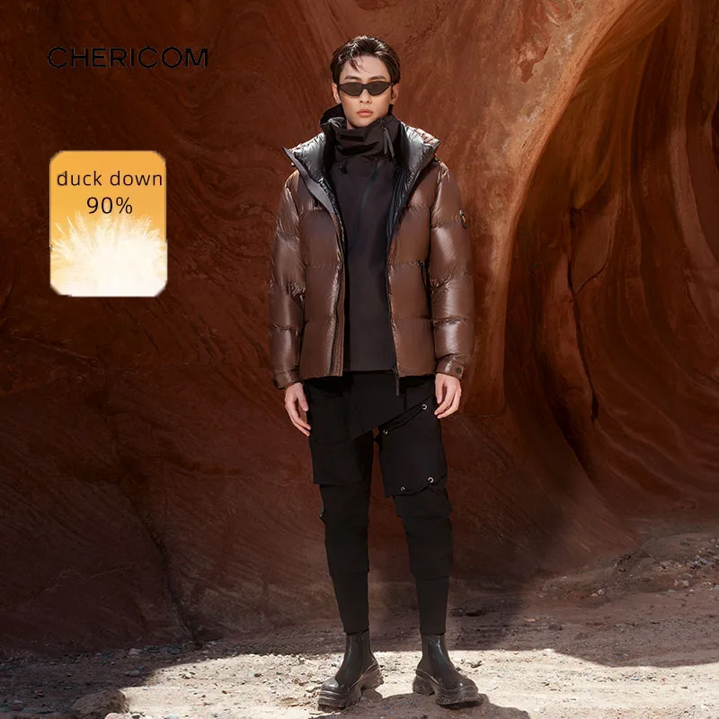 Chericom Men's Short Hooded Down Jacket Winter Goose Down Thick Warm Puffer Coats Zipper Pocket Design Padded Jacket Y299630Y